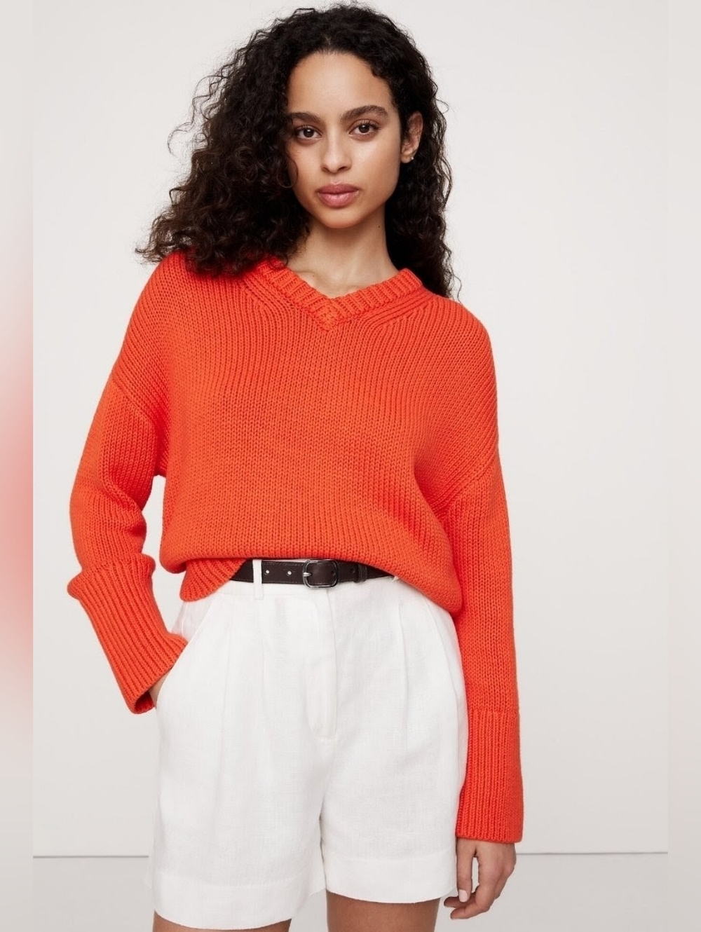 EUC Banana Republic Organic Cotton V-Neck Sweater Relaxed Blood Orange Sz Small